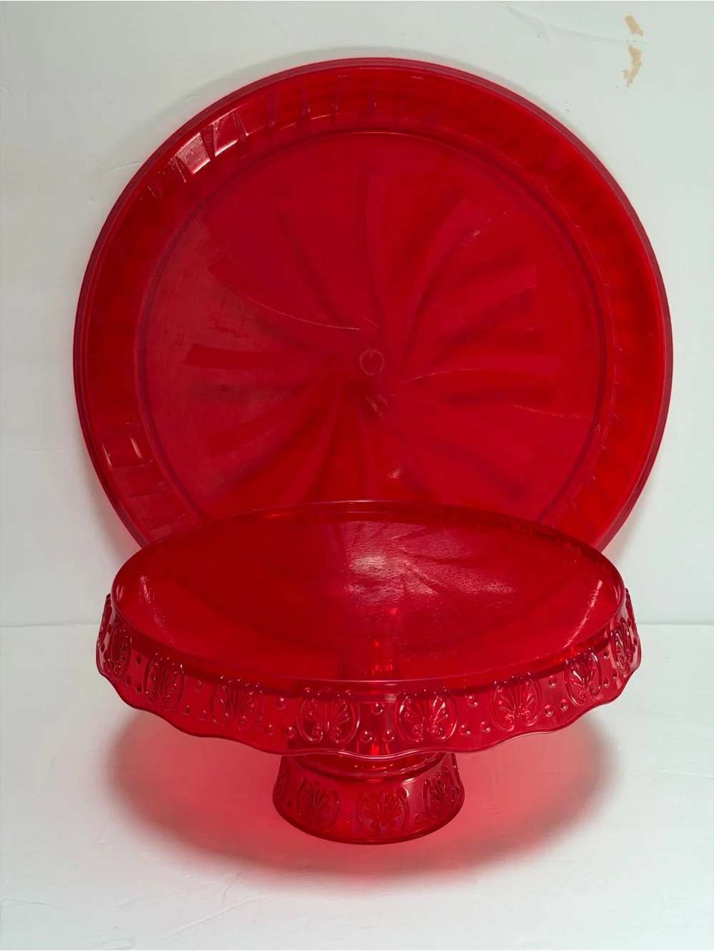 Red Plastic Pedestal Cake Stand and Large Tray